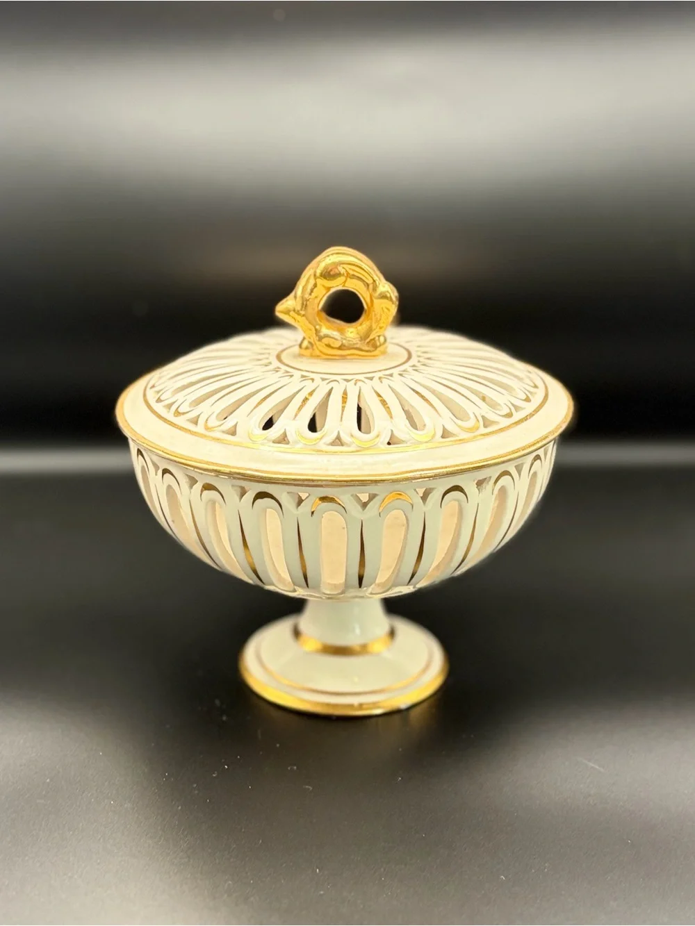 Vintage Reticulated Porcelain  Candy Dish w/ Lid Gold Trim (Italy) *Flaw*